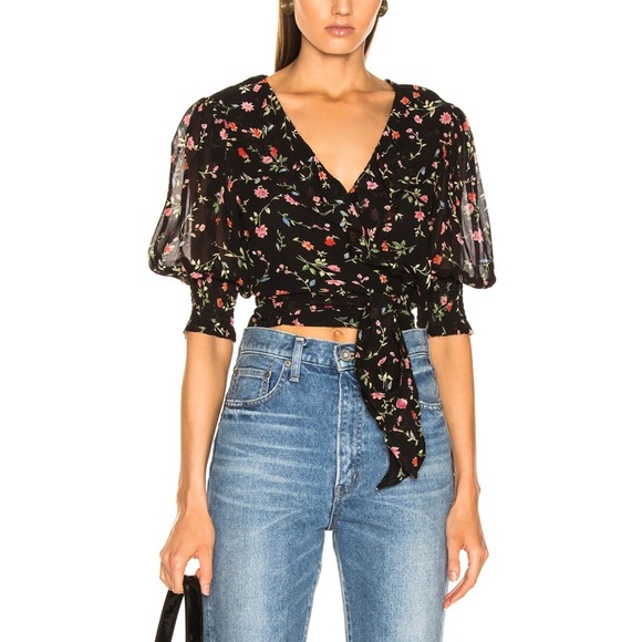 GANNI Elm Floral Georgette Wrap Top Womens 6 Black Pink Ruffle Trim Blouse FR38 - Picture 1 of 16